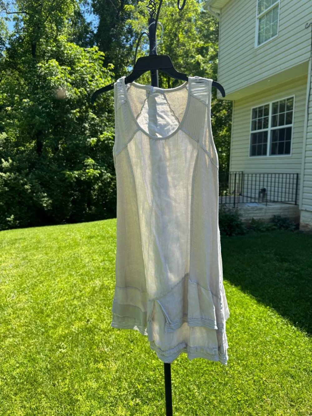 Beige Linen Sleeveless Dress Ruffle Hem Made In Italy Boho Bohemian Lagenlook M - Picture 7 of 16